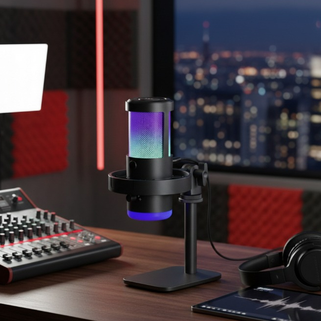 Microfone Condensador RGB Gamer para Podcast Gravação e Streaming