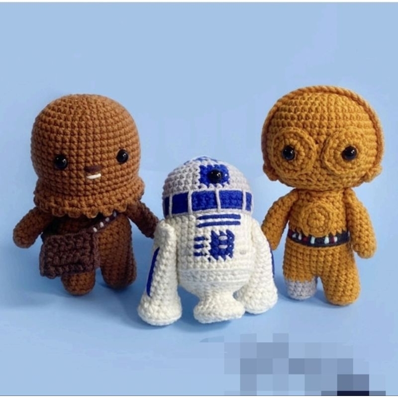 Chewbacca e C3PO e R2D2 Star Wars Amigurumi Boneco Colessionavel Pelucia Croche