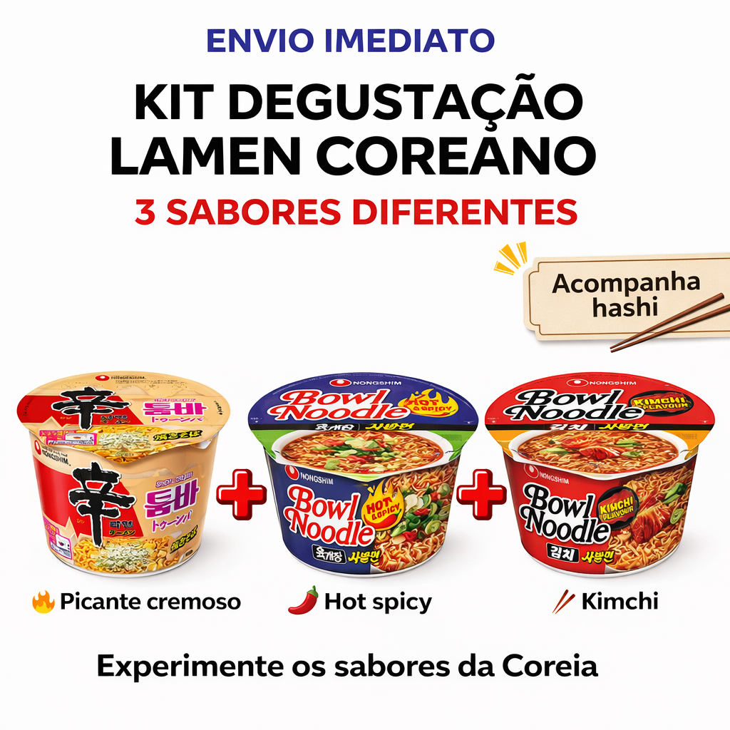 Kit Degustação Lamen Coreano 3 Sabores Nongshim + Hashi | Toomba, Hot Spicy e Kimchi