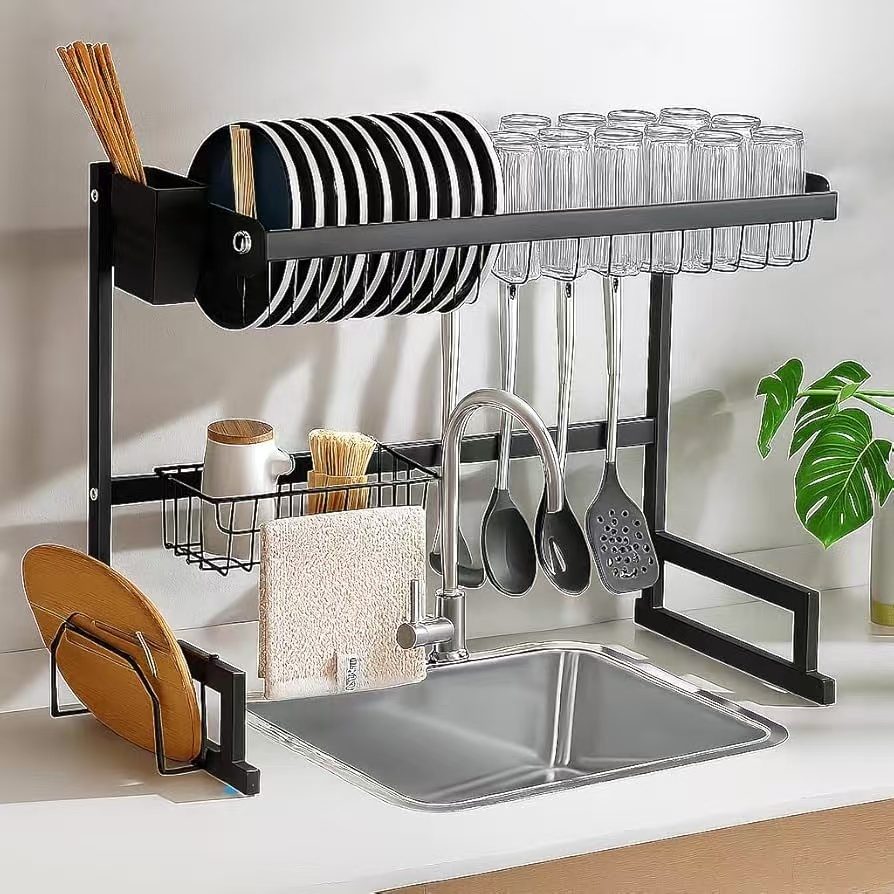 1/2Rack Escorredor De Louça Suspenso Kitchen Rack Aço Inoxidável Organizador Louça Preto 65/85cm Com 4 presentes em Oferta na Shopee