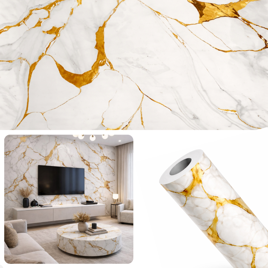 Papel de Parede 4,5 Metros x 60cm Mármore Dourado Exclusivo Lavável Quarto, Sala e Cozinha.