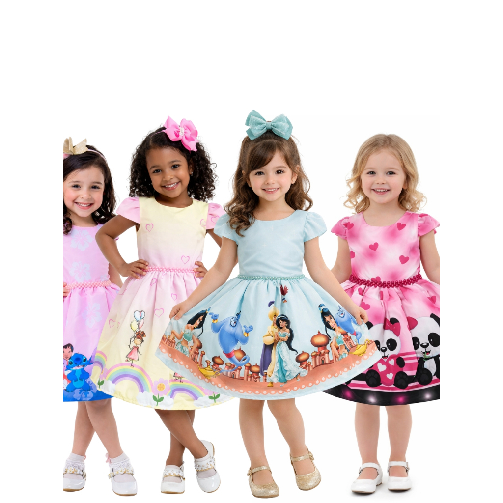 Vestido infantil menina floral desenho Fantasia Tema desenho Boneca Jasmine Rapunzel raio de Sol Aquarela