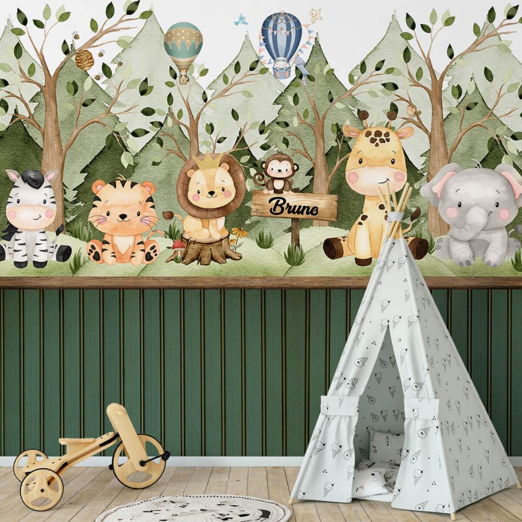 PAPEL DE PAREDE INFANTIL SAFARI BABY P/ MENINOS COM RIPADO E NOME PERSONALIZADO em Oferta na Shopee