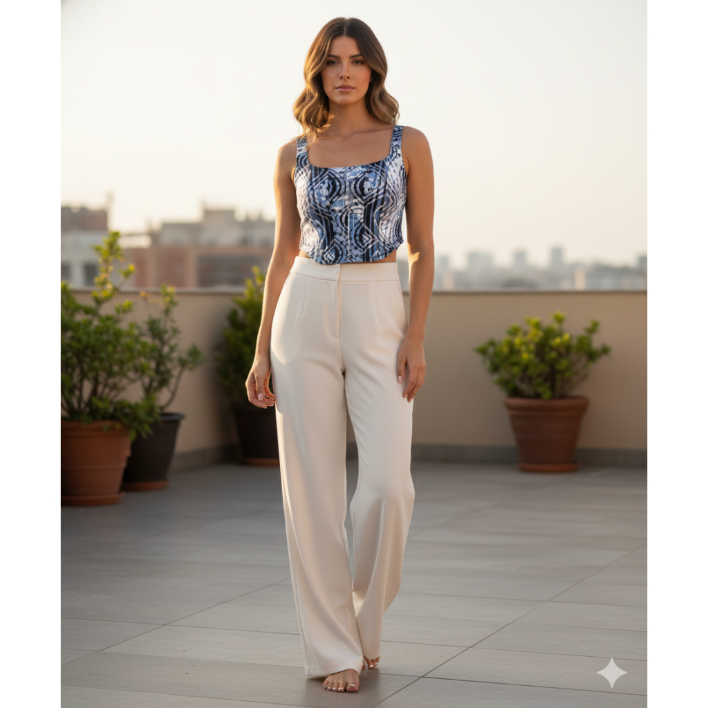 Blusa Top Cropped Corpete Barra Assimétrica Sarja Estampada Lycra Alças Lastex nas Costas