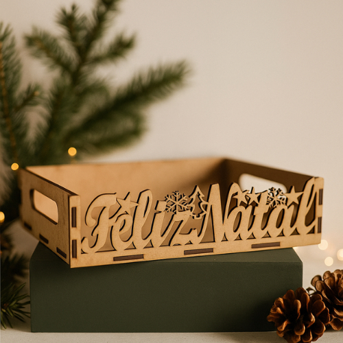 Kit Bandeja Mdf 20x15x5 Feliz Natal Decoração Natalina Biscoito Presente Decoração AR