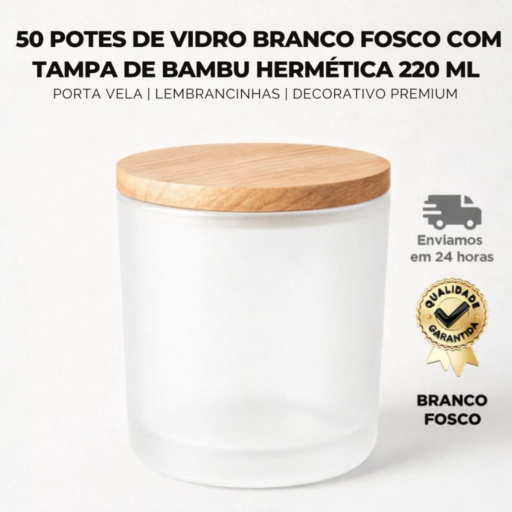 Kit 50 Copo/Pote De Vidro Hermético 220ml Para Velas Artesanais Lembrancinha Premium Tampa De Bambu