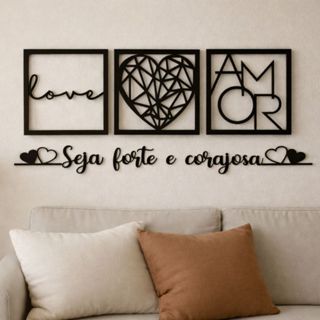 Quadro decorativo sala Cabeceira frases decorativas para paredes Seja forte e corajosa + 2 Coração em Oferta na Shopee