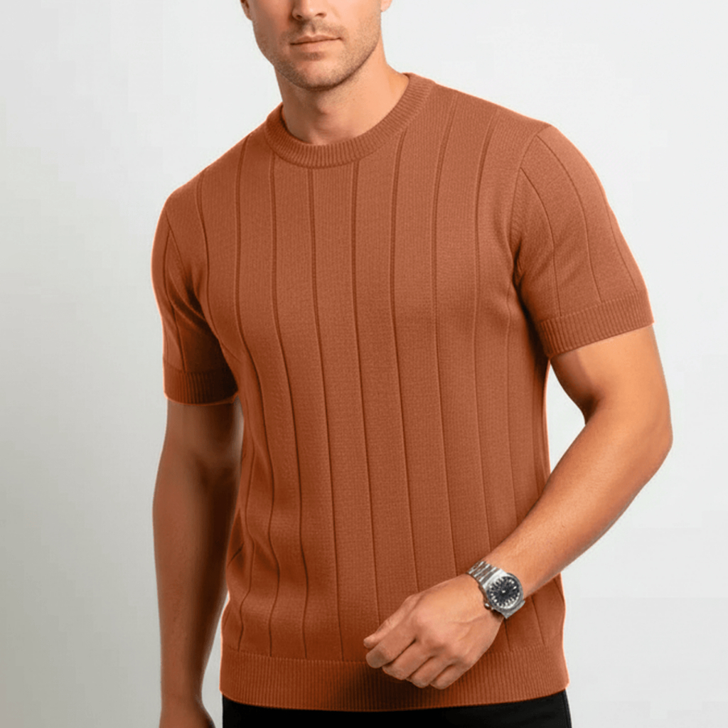 Camisa Masculina Gola Redonda Canelado Manga Curta Tricot Premium Básico Blusa Casual Camiseta em Oferta na Shopee