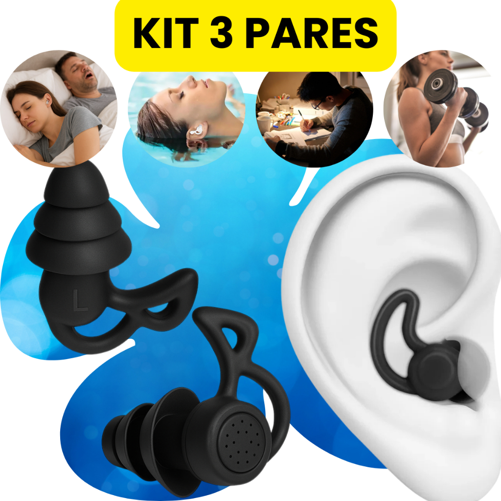 Kit 3 Pares Tampão Ouvido 3 Camadas Antiruído Plug Dormir Natação Piscina Estudo Trabalho Protetor Auricular em Silicone
