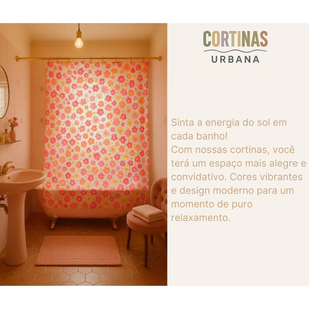Cortina de Box Banheiro Estampa de Floral Estilo Dopamine Decor c/ Ganchos de Flor em Resina