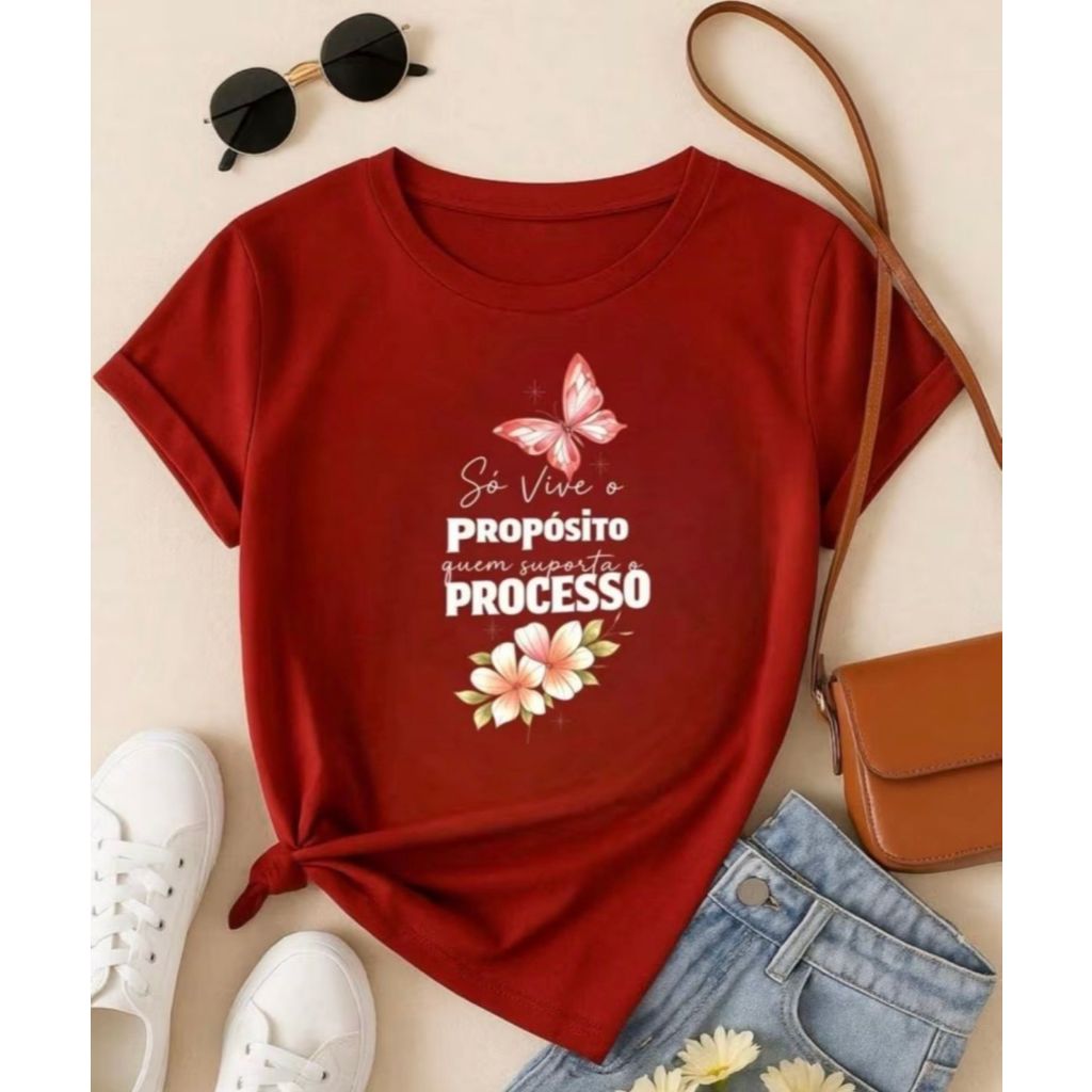 Camiseta Feminina Frase Motivacional Propósito e Processo T-Shirt Casual Moderna
