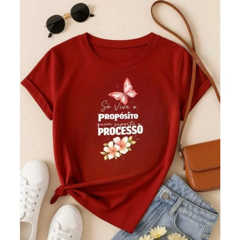 Camiseta Feminina Frase Motivacional Propósito e Processo T-Shirt Casual Moderna — imagem 1