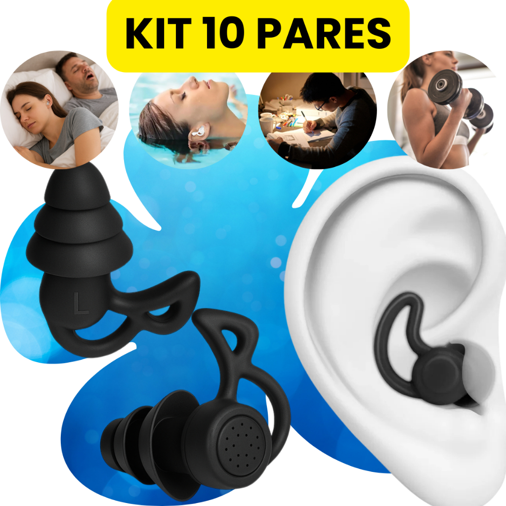 Kit 10 Pares Tampão Ouvido 3 Camadas Antiruído Plug Dormir Natação Piscina Estudo Trabalho Protetor Auricular Silicone