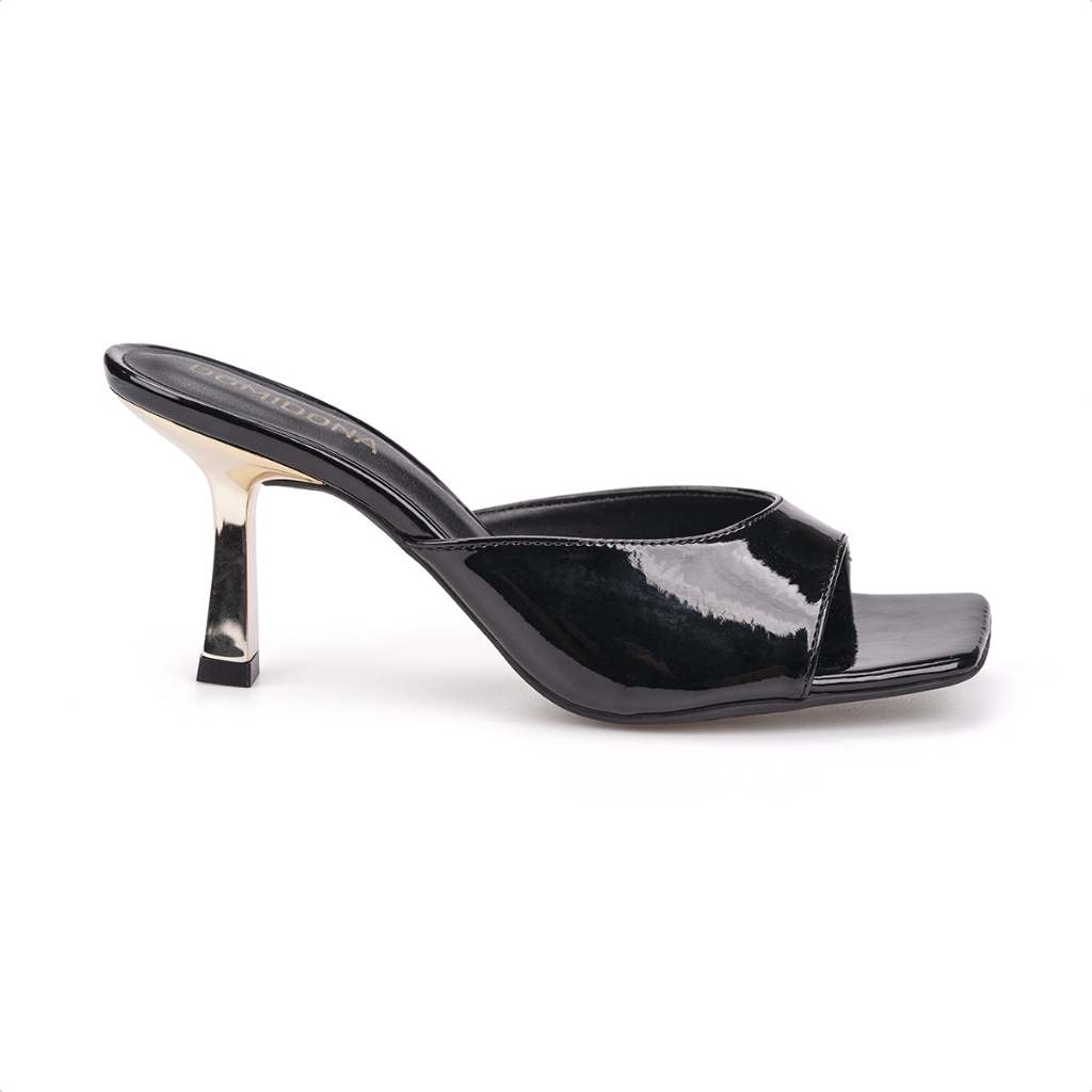 Tamanco Feminino Preto Verniz Molhado Salto Baixo Dourado Bico Quadrado Estilo Atemporal em Oferta na Shopee
