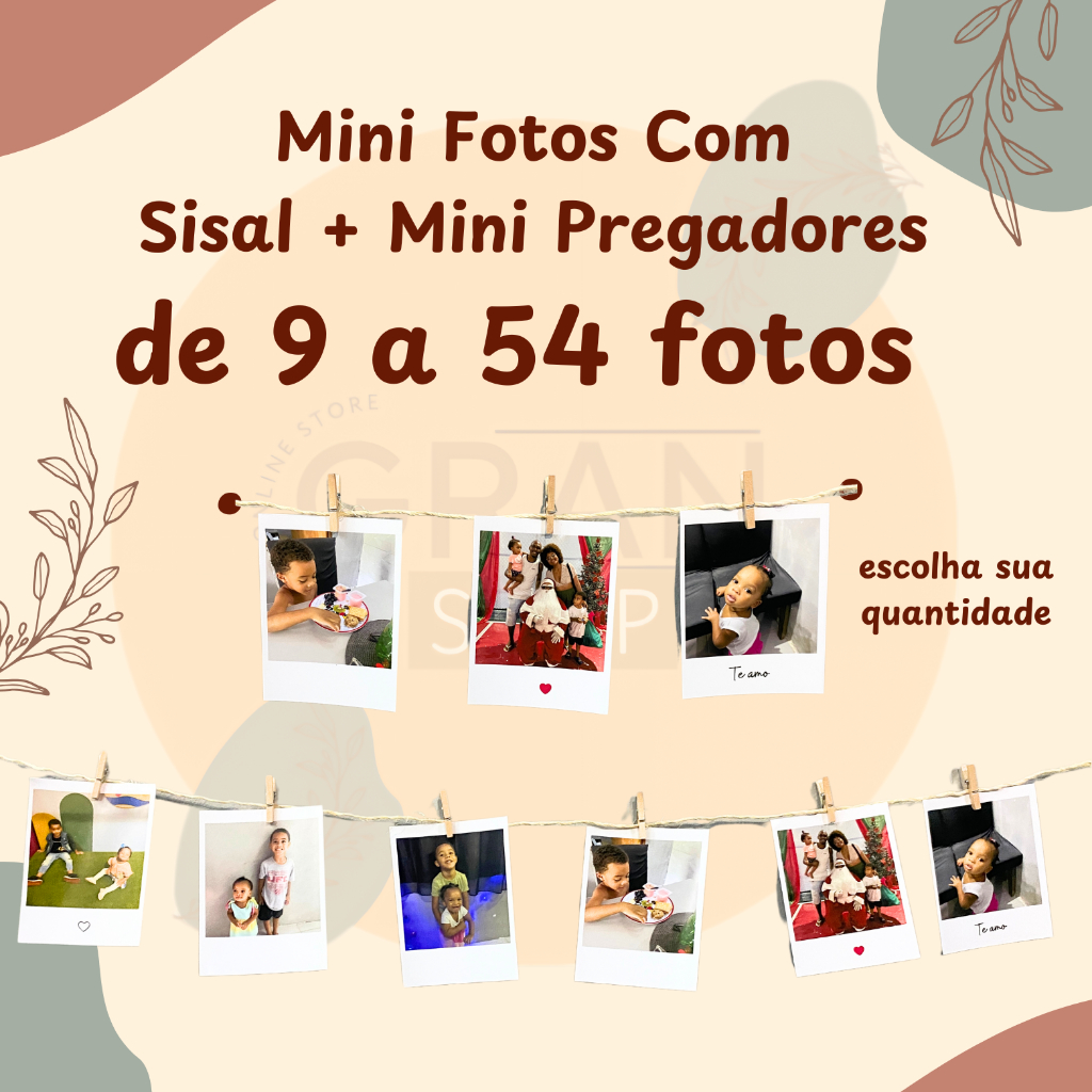 Kit Mini Fotos Com Varal Sisal e Mini Pregador de 9 a 54 unidades - Com frase/Sem frase+ENVIO RÁPIDO