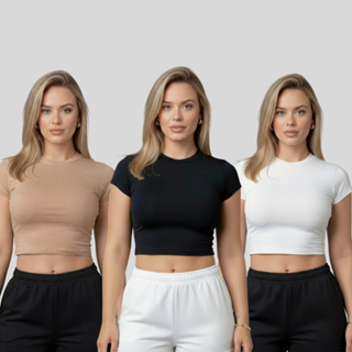 KIT 3 PEÇAS - Cropped Feminino Manga Curta Suplex Premium Lindos em Oferta na Shopee