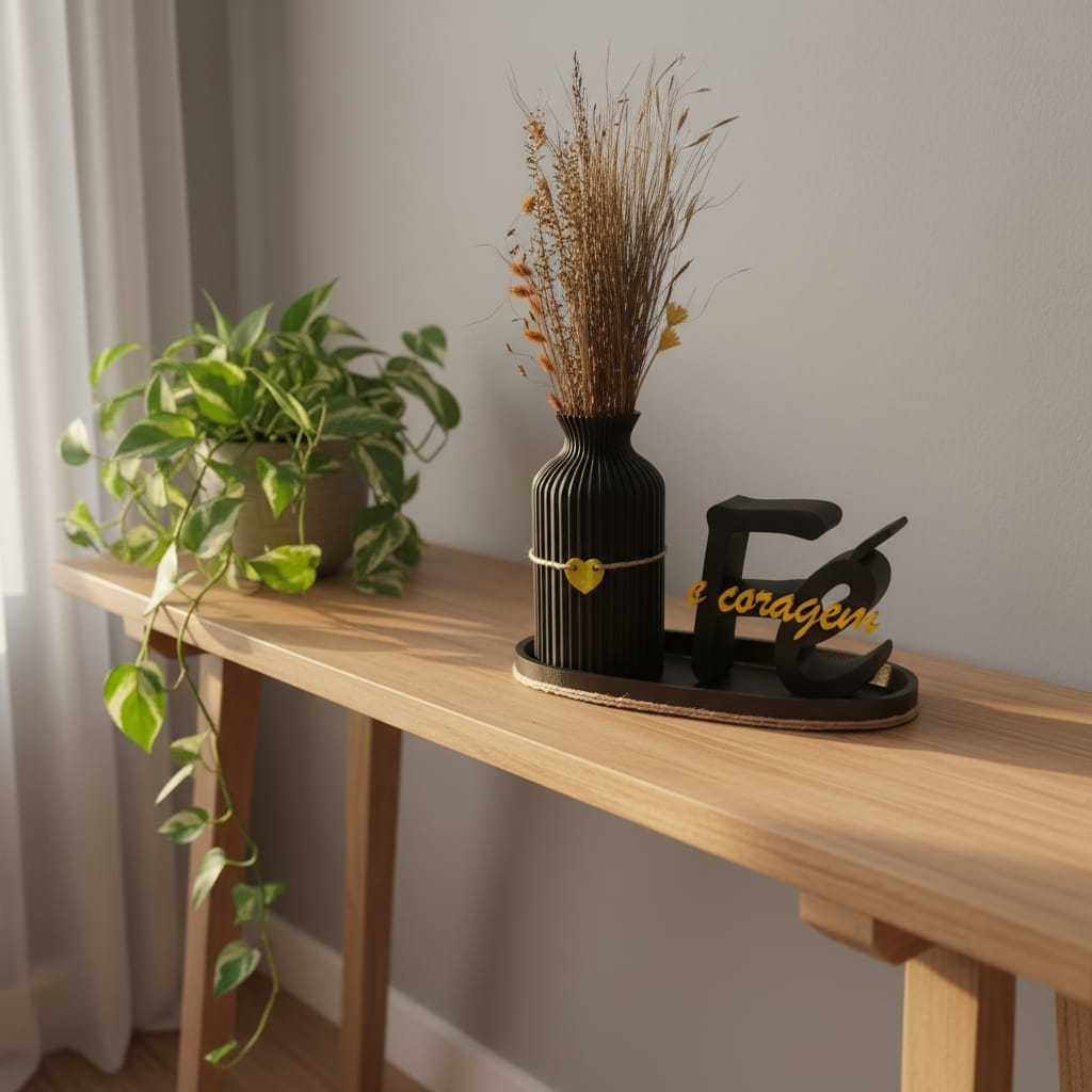 Kit Decorativo sala e escritório  Fé e Coragem  Letreiro Vaso e Bandeja único