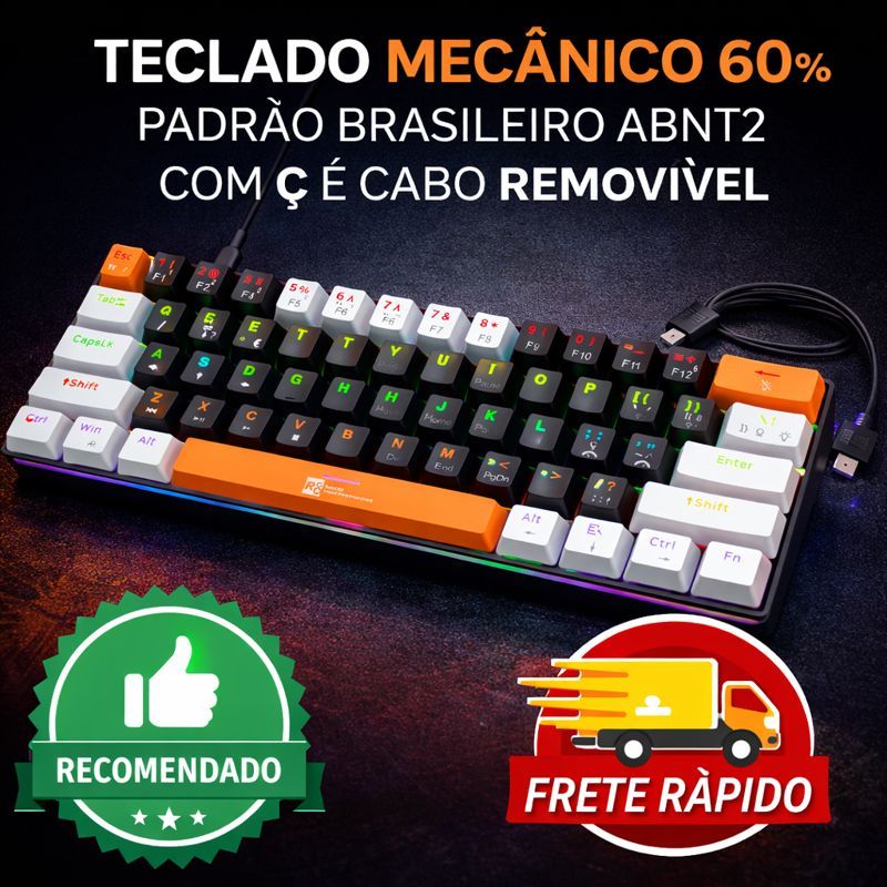 Teclado Gamer Mecânico 60% Switch Azul Profissional Cabo Removível USB Portugues ABNT2 TRES CORES em Oferta na Shopee