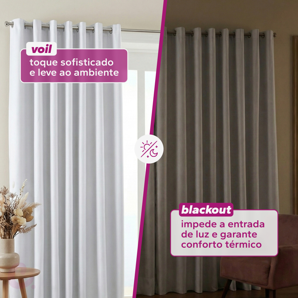 Cortina Tecido Blackout com Voil 3,00m x 2,70m Sala Quarto Adulto e Infantil