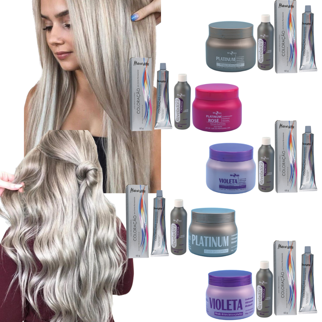 Kit Completo Tinta Mairibel 10.1 Loiro Claríssimo Cinza + Ox + Matizador Platinum Rosê ou Violeta