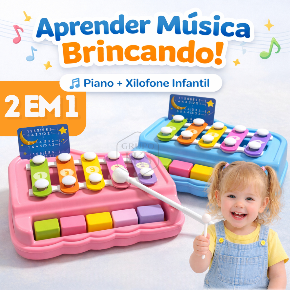 Brinquedo Musical Infantil 2 em 1 Piano + Xilofone com Baquetas e Cartão Musical – Mini Educativo em Oferta na Shopee