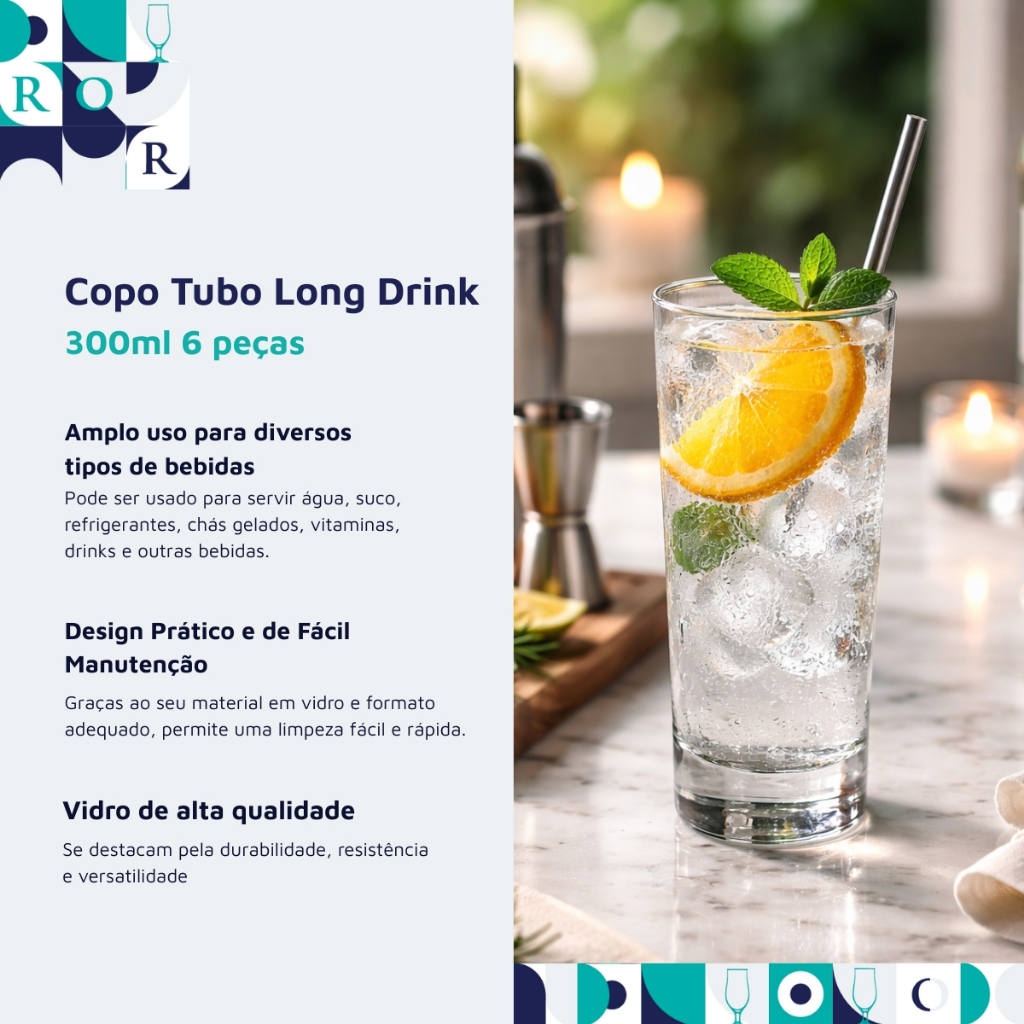 Copo Vidro Tubo Jogo Copos Multiuso Água Suco Bebidas Refrigerantes 300ml 6 Peças Ruvolo · foto 2