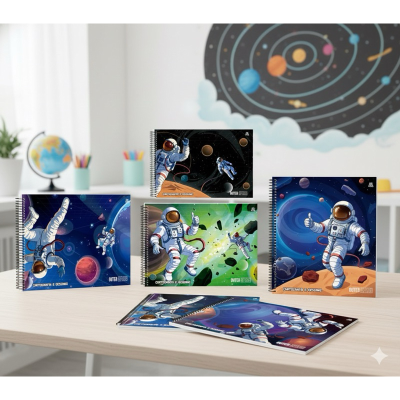 Caderno Cartografia Desenho Escolar 60 Folhas Sortido Astronauta Planetas Material Volta às Aulas Espaço Astronautaia