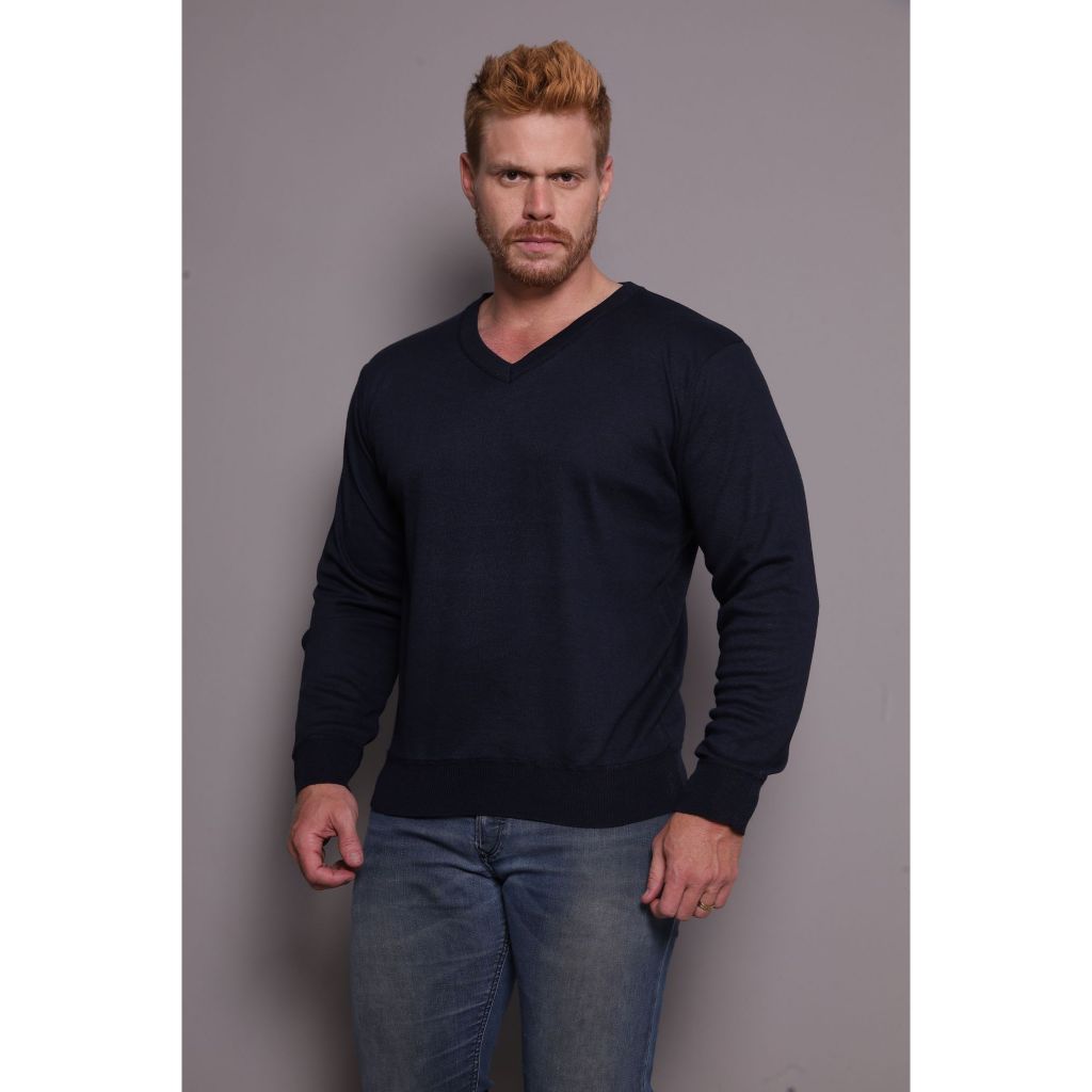 Suéter Masculino Gola V Em Malha Fina Manga Longa
