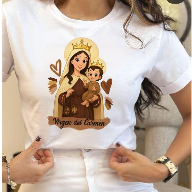 Camiseta Feminina Nossa Senhora do Carmo | Estampa Religiosa | Estilo Leve e Elegante