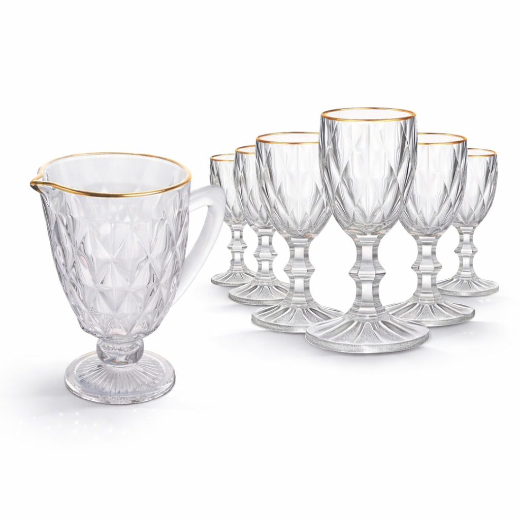 Conjunto Jarra de Vidro 1,0 L + 6 Taças de 260ml Diamond com Borda Dourada Elegante