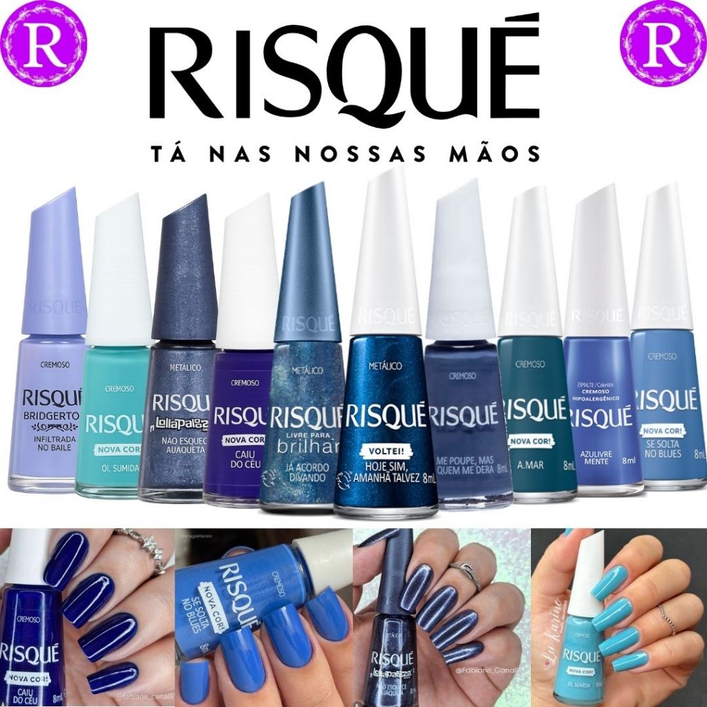 Kit 10 Esmaltes Risqué Tons azul, azul claro/escuro Esmalte Atacado, Bridgerton, Lollapalooza, Voltei e Nova Cor.