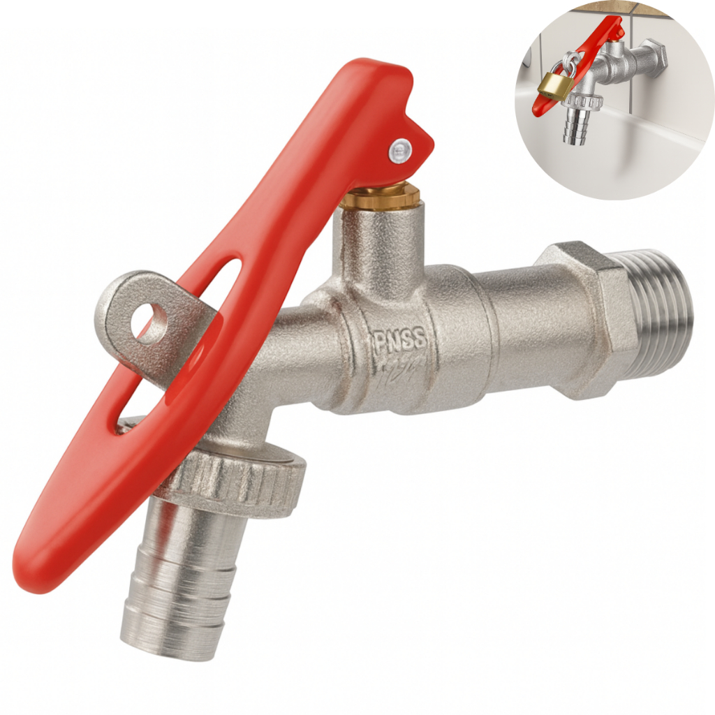 Torneira Esfera Porta Cadeado Para Area  Servico Lavanderia Jardim Quintal Uso Geral Saida  1/2" e 3/4" Metal