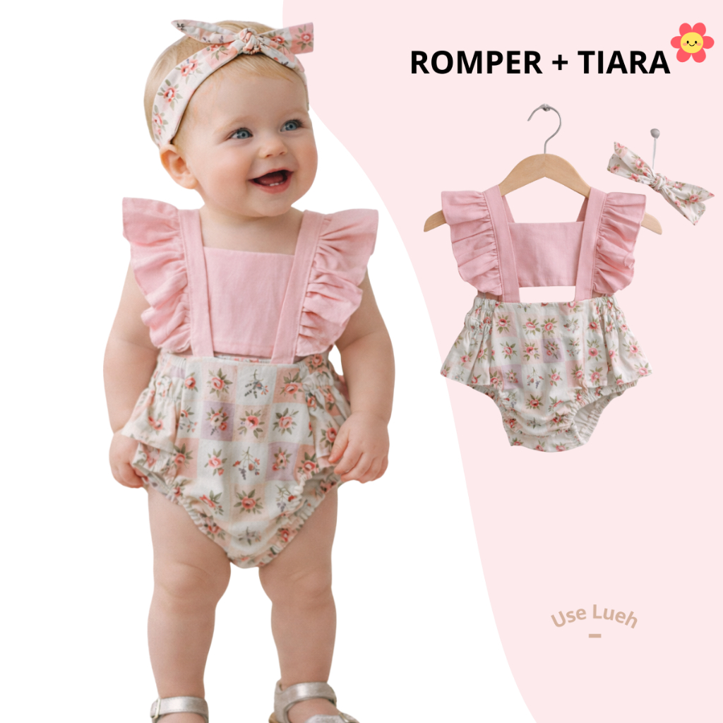 Body Bebê Menina Floral com Babados e Alça Romper Baby Confortável Acompanha Tiara de Laço Kit