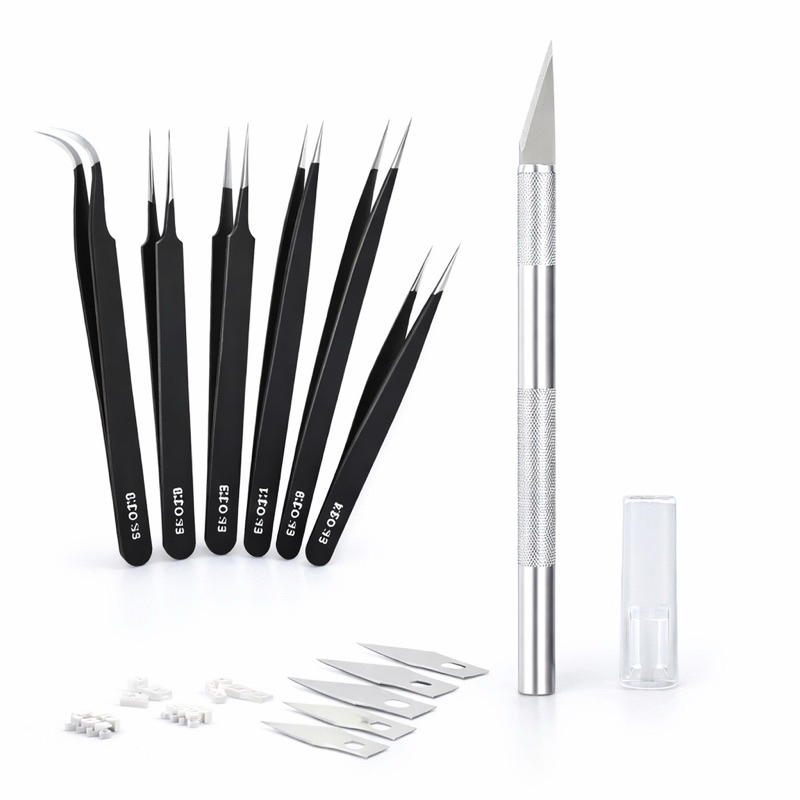 Kit de Precisão Profissional com Estilete + 6 Pinças + 5 Lâminas | Reparo Eletrônico DIY