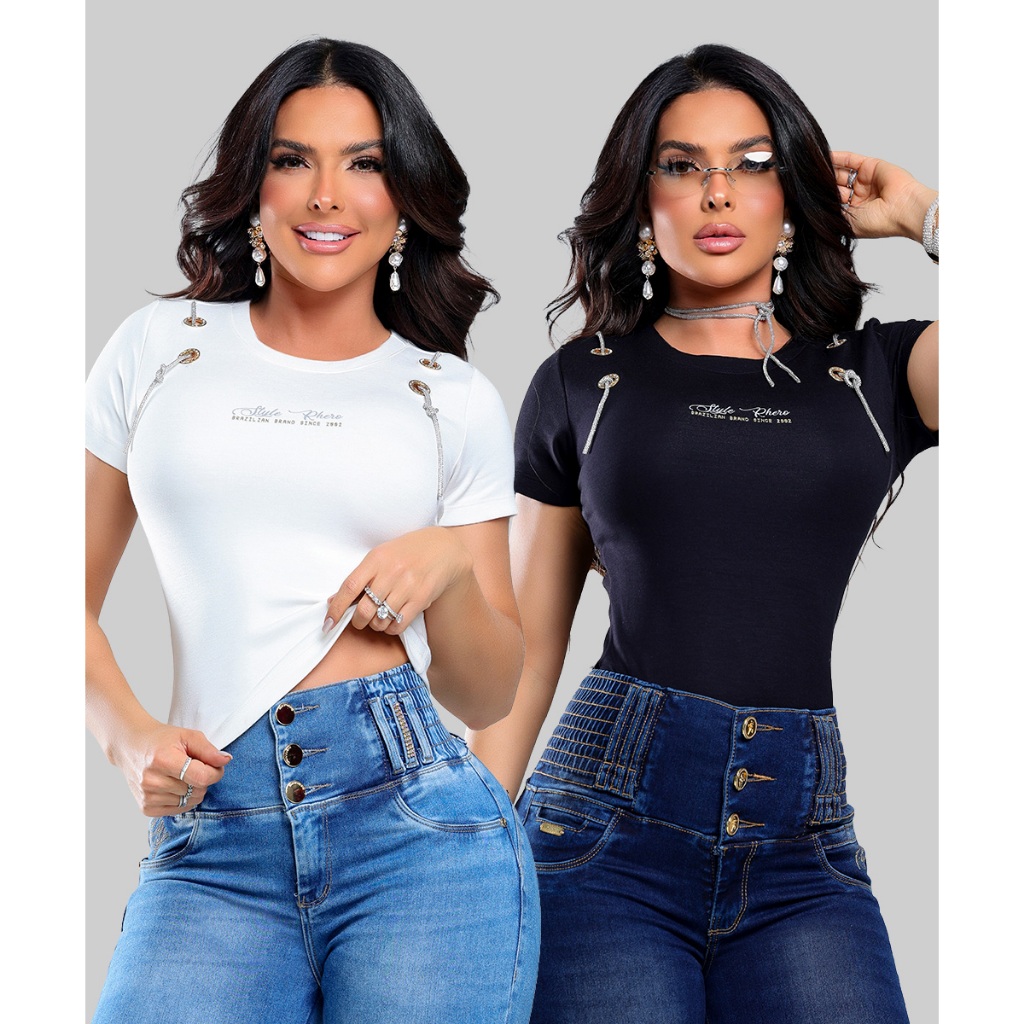 Camiseta Baby Look Feminina Canelada Rhero Manga curta Com Cordão Brilho premium