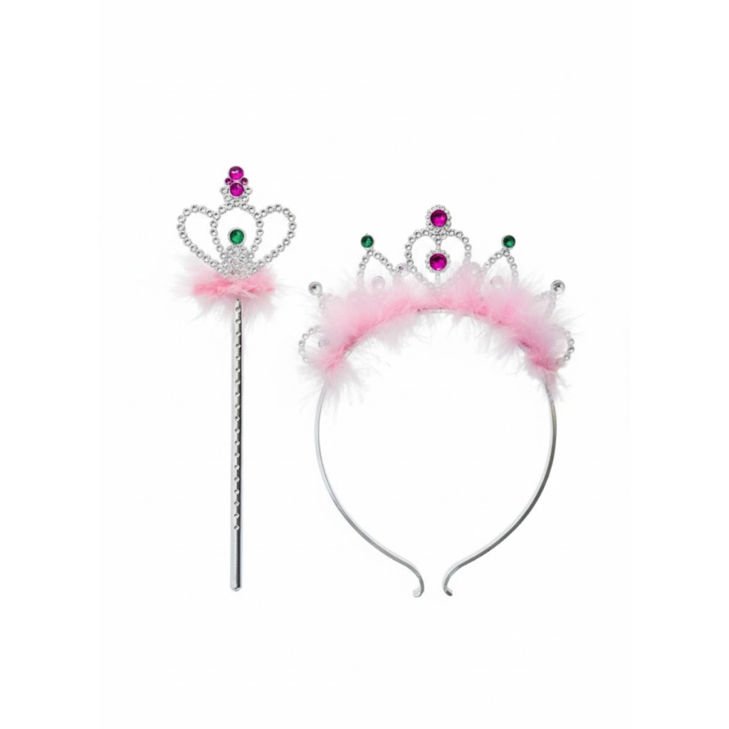Tiara Coroa E Varinha De Condão Princesa Pluma Rosa Rosa