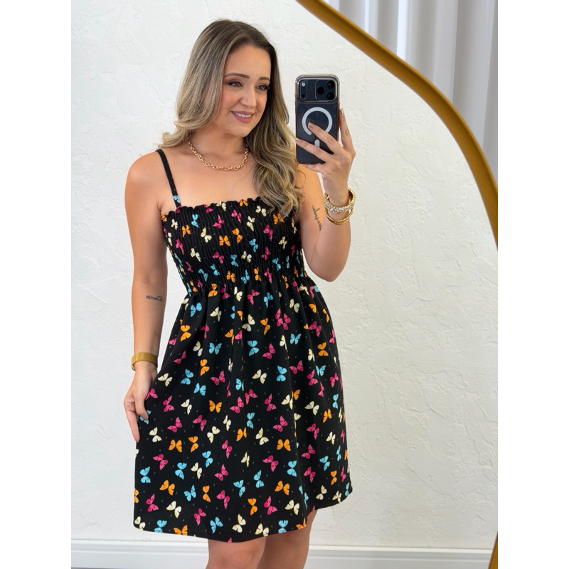 Vestido Feminino Curto Estampado Com Alça De Regulagem e Elastex