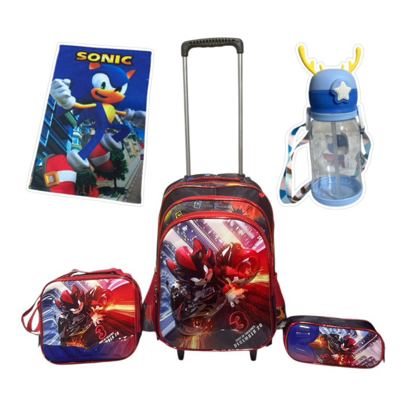 Kit Mochila Sonic 3 com Rodinhas 3D + Lancheira Térmica + Estojo +Garrafa de Água + Toalha Infantil Escolar
