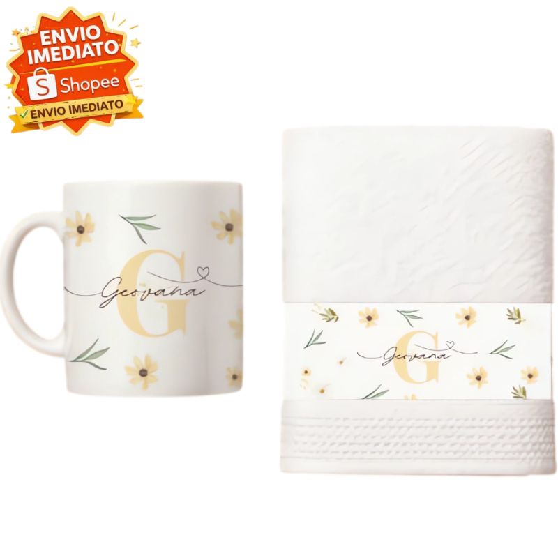 Caneca + Toalha com nome e inicial personalizado / Kit Presente Personalizado