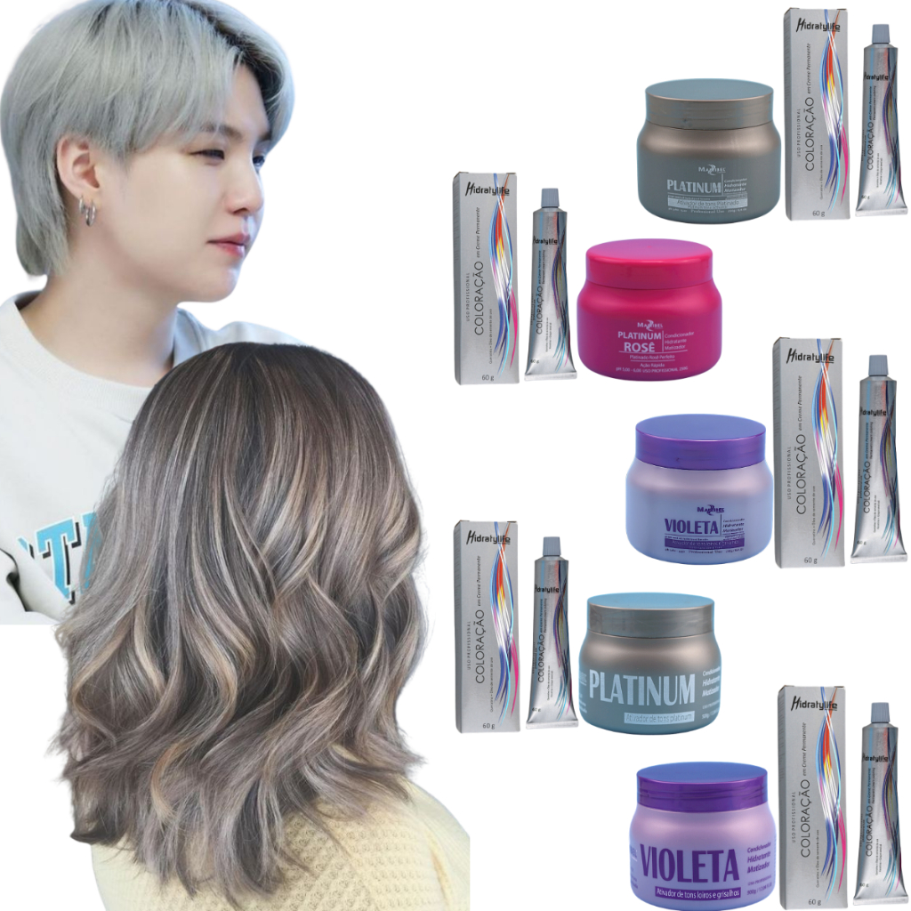 Kit Tinta de Cabelo Mairibel 9.21 Loiro Cinza + Matizador Platinum Rosê ou Violeta