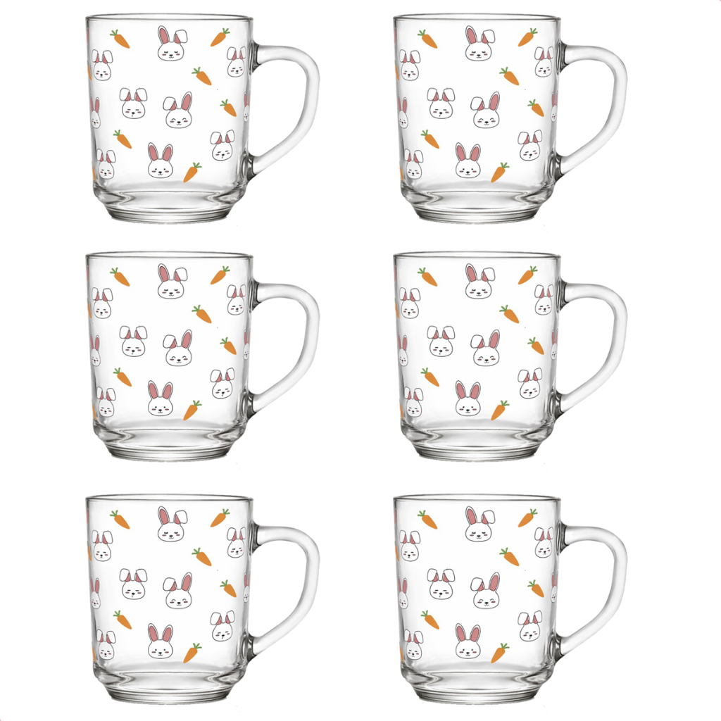 Kit Jogo De Xicara Caneca De Vidro Decorado De 230ml Pascoa Coelho Cenoura