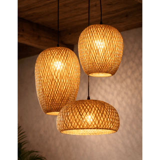 Composição 3 Lustres Pendentes Rústicos Decorativo Fibra de Bambu Bivolt Moderno Qualidade Premium em Oferta na Shopee