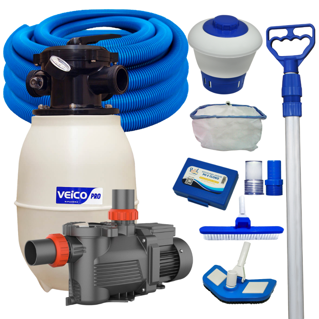 Kit Filtro de Areia Veico V-20 Motobomba Lepono 1/4cv Kit Limpeza Conjunto Filtrante Piscina 19Mil Litros
