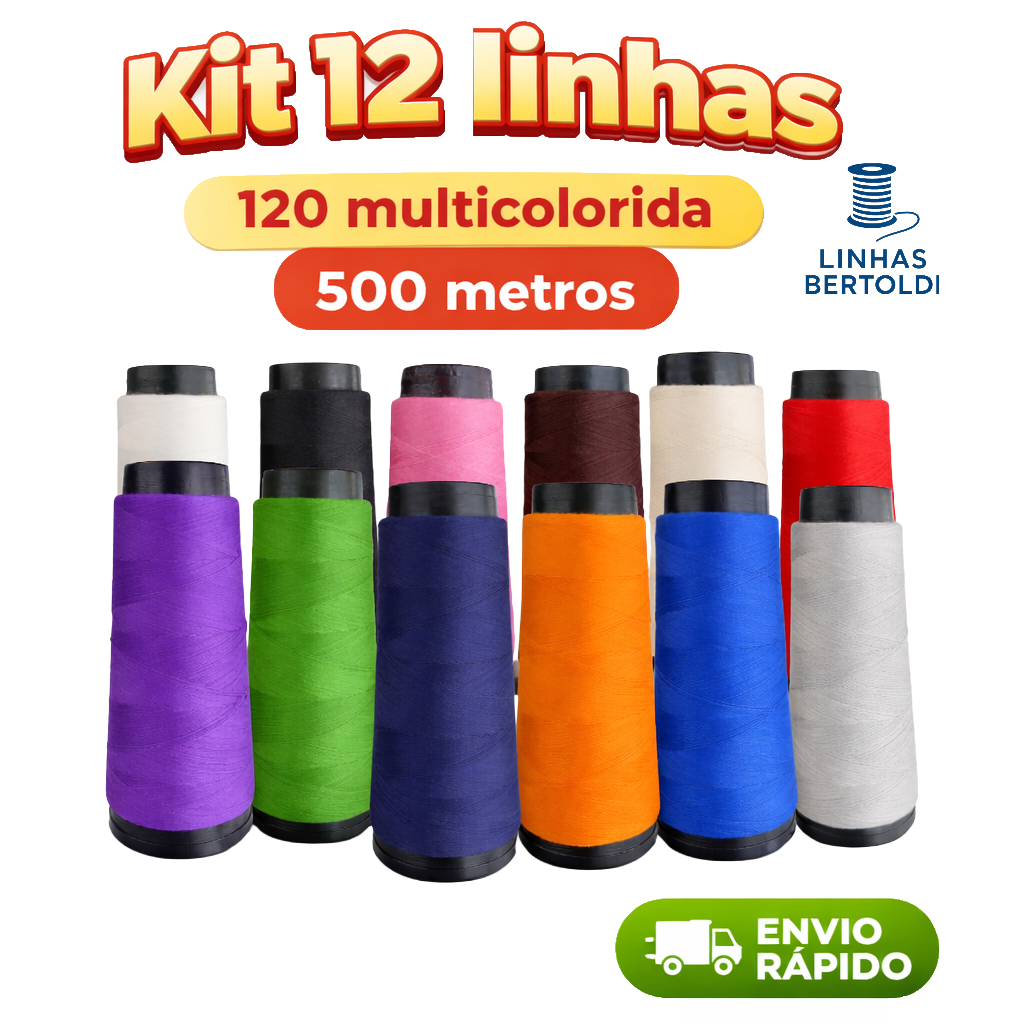 Kit 12 Linha De Costura Reta 120, Cone 500 metros, Colorido -Linhas Bertoldi - Overloque, Cobertura.