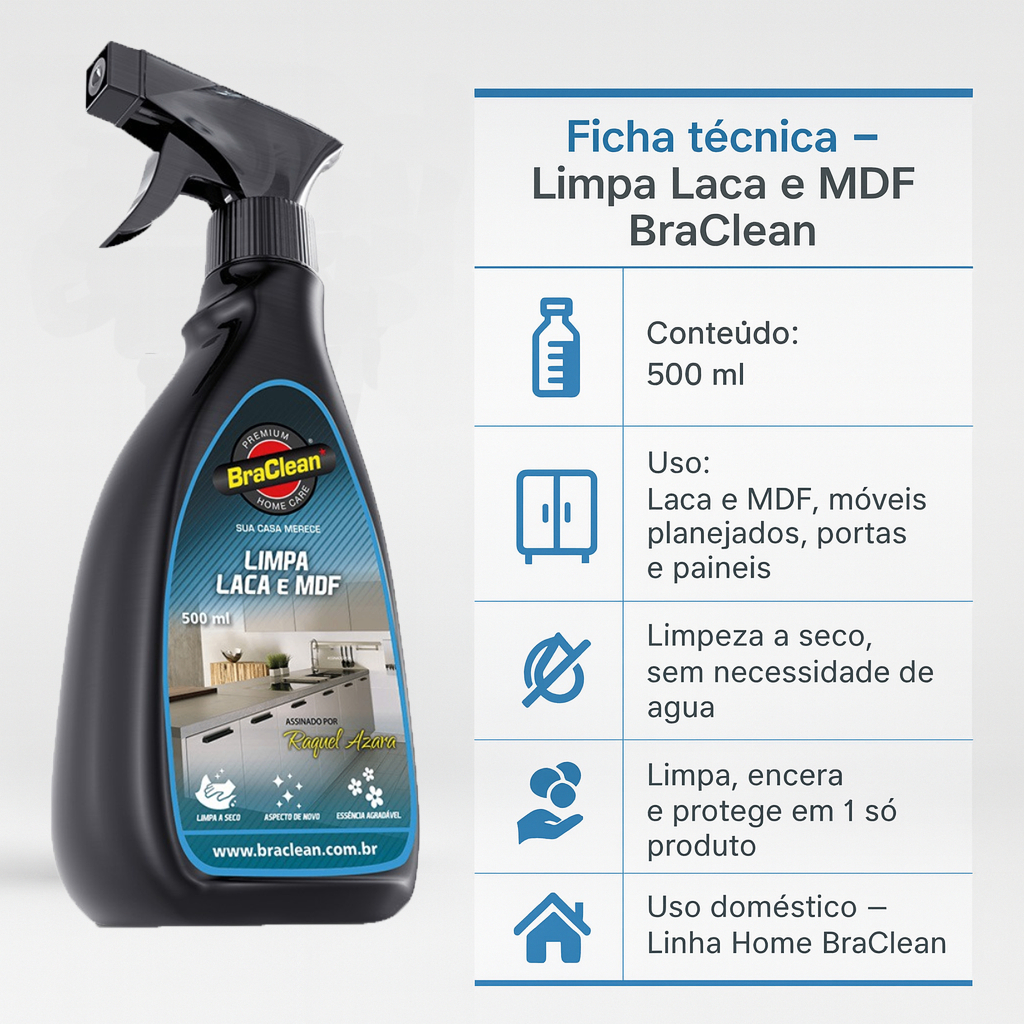 Melhor Limpa MDF e Laca 500ml remove poeira e marcas leves em móveis e superfícies BraClean