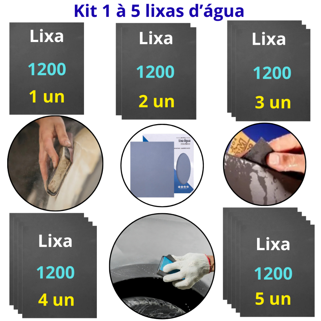 Kit 1 a 5 lixas 1200 d'agua Grão Folha Polimento Lixamento Acabamento Superfície Plástico Metal Jogo em Oferta na Shopee