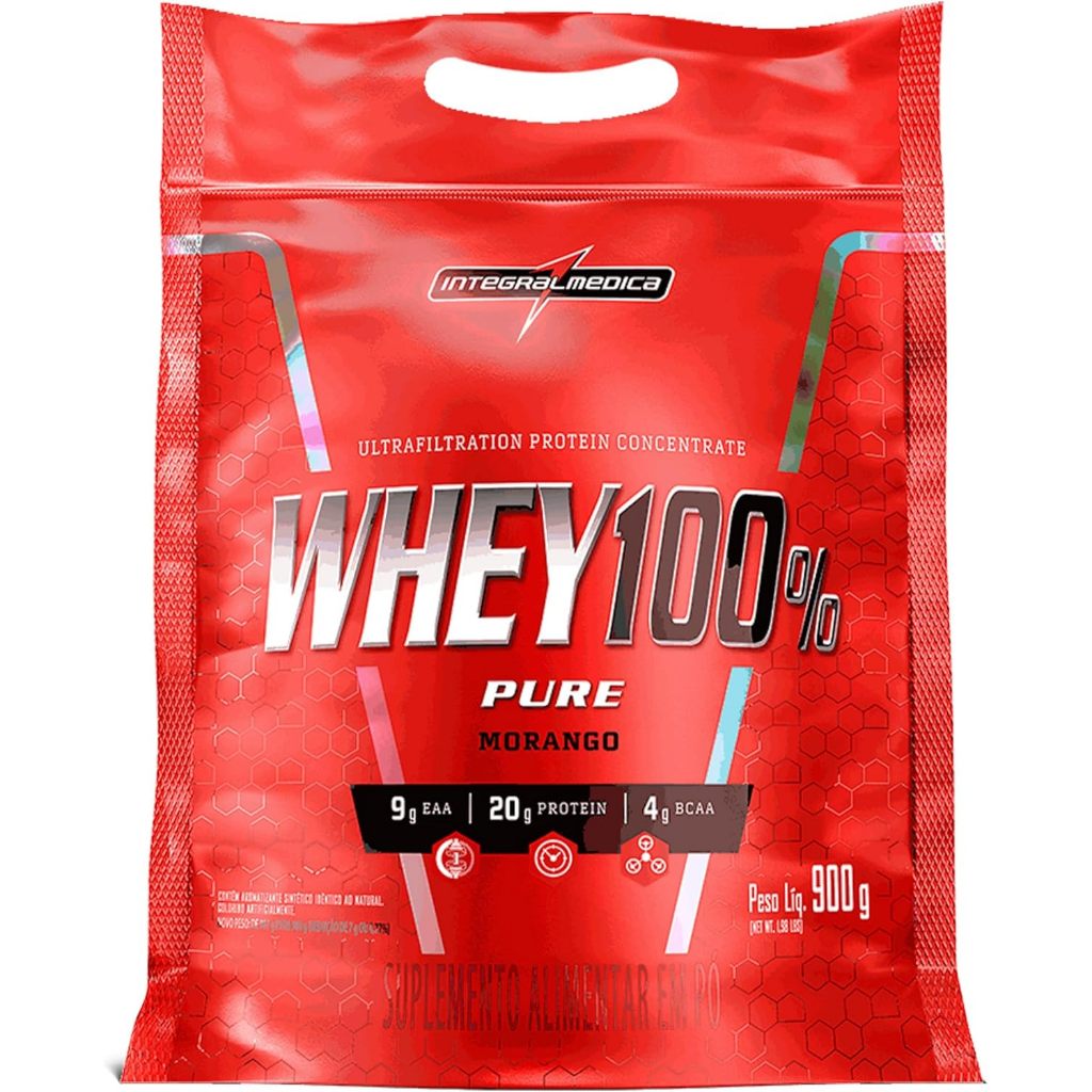 Whey Protein 100% puro concentrado 900G - INTEGRALMEDICA - Sabor MORANGO