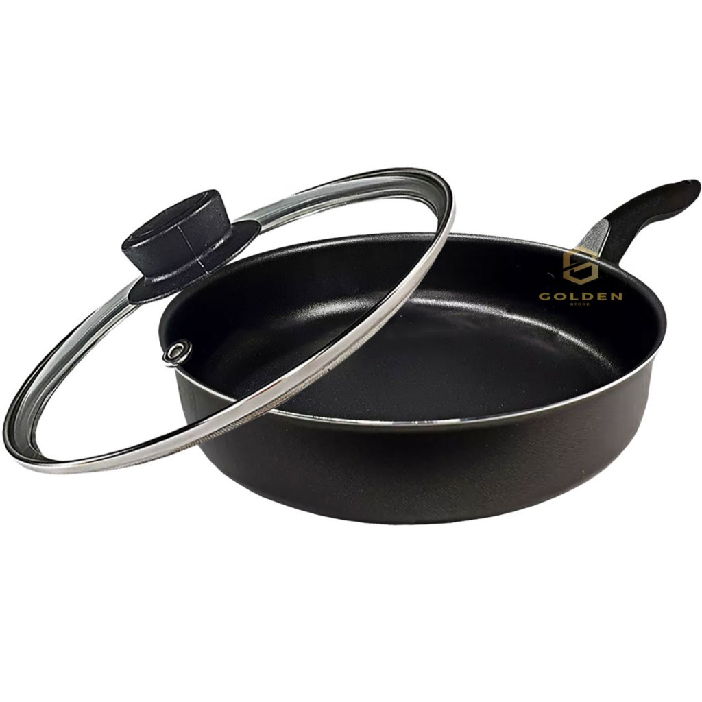 Frigideira Grande Funda 24 cm Antiaderente Teflon Tampa de Vidro Espátula Nylon Cor Preto Grafite