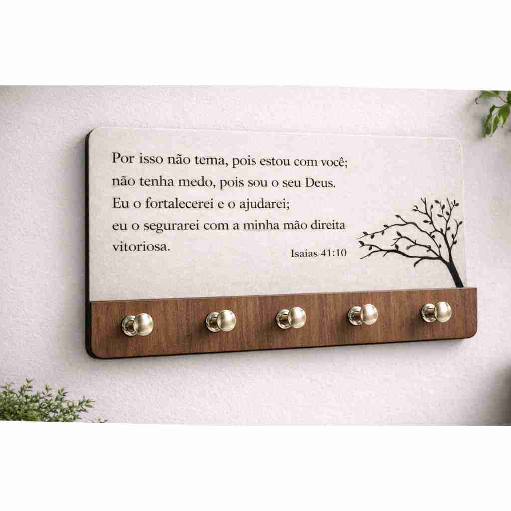 Porta Chaves Modelo "Pinbar Madeira Escura" Salmo Isaias 41:10 Organizar chaves