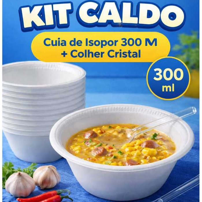 Kit Caldo - 100 Cumbucas de Isopor 300 ml + 100 Colheres Resistentes
